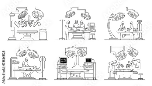 Operating Room Line Icons — Minimalist Black and White Vector Illustrations of Surgical Procedures, Medical Equipment, and Healthcare Staff