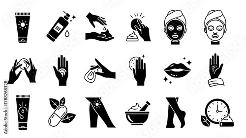 Skincare and Beauty Line Icons — Minimalist Black Vector Set of Cosmetic Treatments, Lotion, Face Masks, and Wellness on White Background