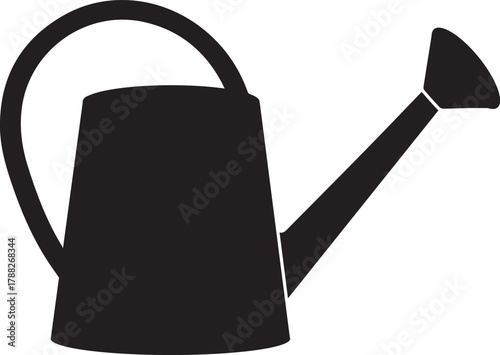 Simple black silhouette of a classic watering can with a curved handle and a long spout perfect for garden illustrations icons and design elements representing growth and hydration