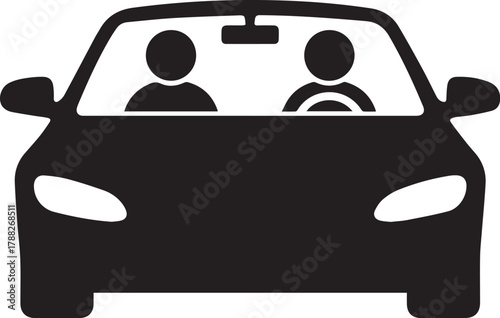 Simple black silhouette of a modern convertible car seen from the front with two people inside one driving representing travel and transportation