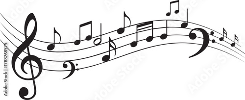 A flowing musical staff adorned with treble and bass clefs and a variety of black musical notes creating a dynamic and artistic representation of melody and harmony on a white background