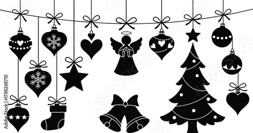 Christmas silhouette, festive hanging decorations, angel figure, holiday tree, snowflake ornament, black vector, seasonal clipart, elegant design, winter decor, ribbon bells