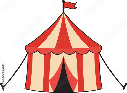 Red and beige circus tent illustration, carnival festival design, funfair entertainment element, vector art isolated on white background for decoration