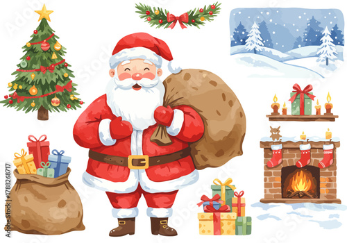 Joyeux Noël festive winter scene with Santa tree gifts and snowman