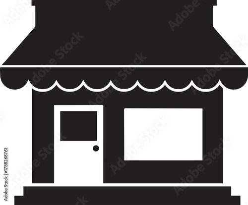 Simple black silhouette icon representing a small storefront building with a prominent awning and a display window perfect for e commerce or retail concepts