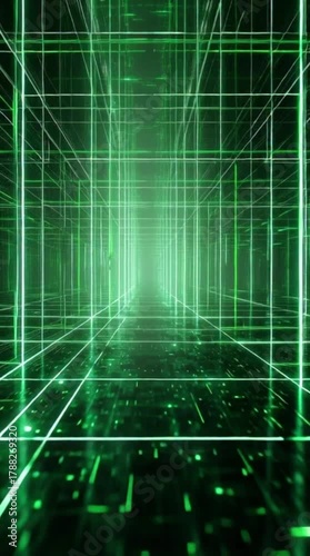 Abstract digital futuristic glowing green grid tunnel receding into a bright light symbolizing data flow and technology.