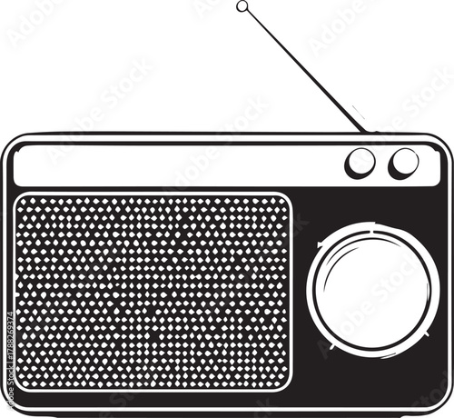 Vintage portable radio silhouette with speaker grille, tuning dial, and antenna isolated on white background