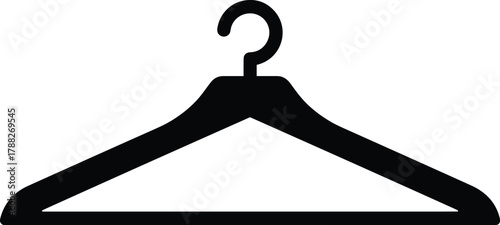Minimalist black clothes hanger icon isolated on white background, simple wardrobe organization symbol, fashion retail concept, clothing storage vector design