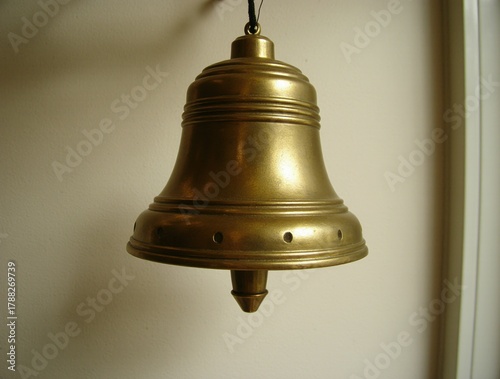 Antique brass bell hanging indoors against a textured wall