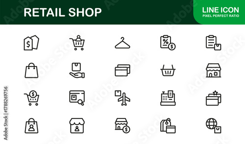 Retail Shop Modern Icon Set. Innovative, precise icons for store management, point-of-sale systems, and customer engagement dashboards.
