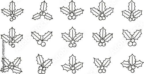 Holly leaf grid, berry illustration set, festive vector, Christmas decoration, seasonal clipart, holiday pattern, stylized leaves, cheerful design