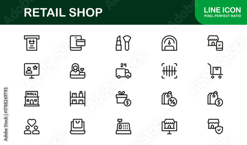 Retail Shop Flat Icon Set. Smooth, minimal icons for e-commerce, store operations, and product inventory management tools.
