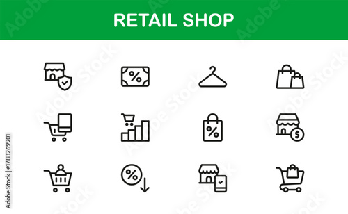 Retail Shop Modern Icon Set. Sleek, innovative icons for e-commerce platforms, store management, and retail dashboards.
