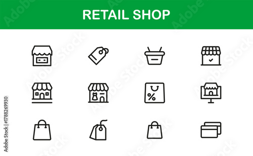 Retail Shop Simple Icon Set. Crisp, clean icons for inventory tracking, customer service, and retail business management tools.
