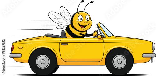 Happy bee driving yellow convertible car, cute cartoon insect character in fast vehicle, cheerful honeybee transportation illustration for kids