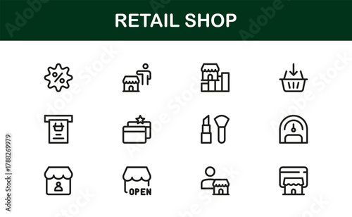 Retail Shop Flat Icon Set. Clear, minimal icons for retail management, online stores, and customer shopping experience tools.
