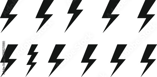 Lightning bolt icon set, vector thunder symbols, black line art, minimal electric design, stylized energy graphics, editable illustration pack