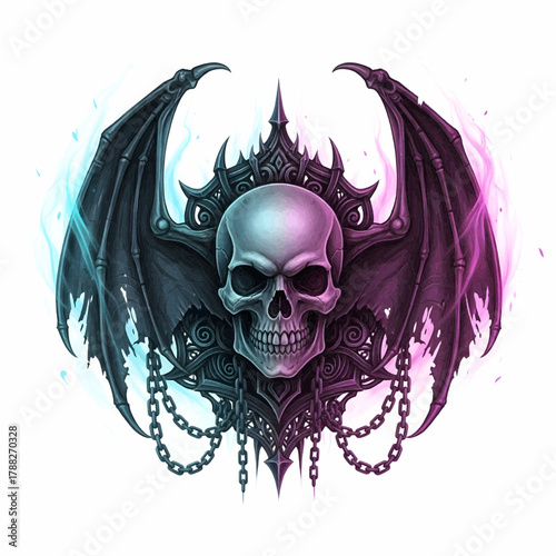 Detailed dual skull with wings and glowing aura vector illustration symbolizing strength and balance.