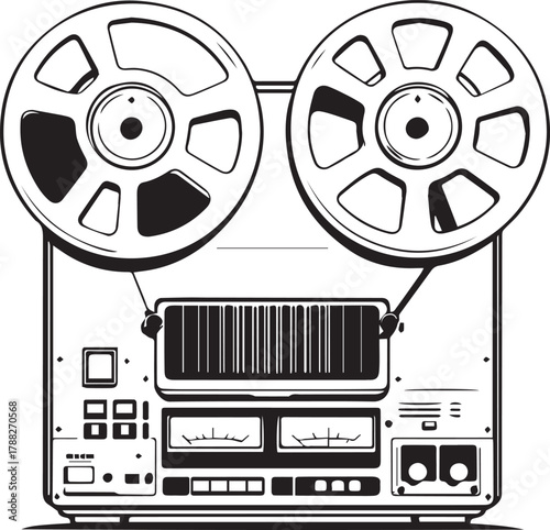 Reel-to-reel tape recorder silhouette — black and white illustration of vintage audio device with dual reels and control panel