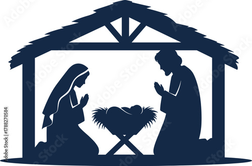 Nativity scene silhouette, baby Jesus manger, Mary Joseph prayer, Christmas stable icon, religious clipart, black white vector, holy birth