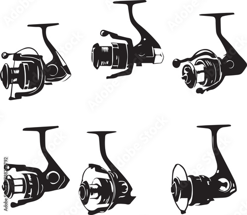 Spinning fishing reel silhouette set — black and white illustration of six sport reels with varied angles and mechanical detail