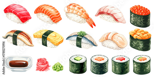 水彩の寿司・刺身イラストセット,握り寿司,軍艦巻き,巻物,和食,海鮮,手描き,ベクター