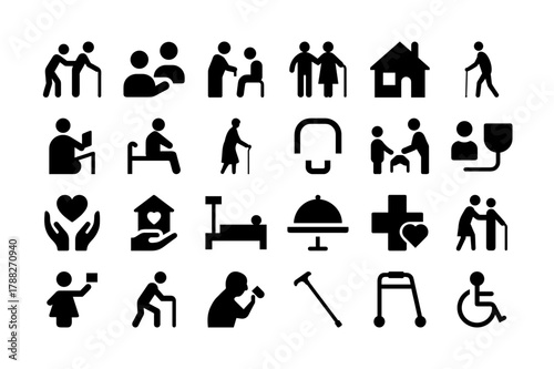 Elderly Care Silhouette Icon Set. Senior Care, Assistance, Health, Home Care, Caregiving, Medical Support, and More. Vector Illustration. Editable Stroke.