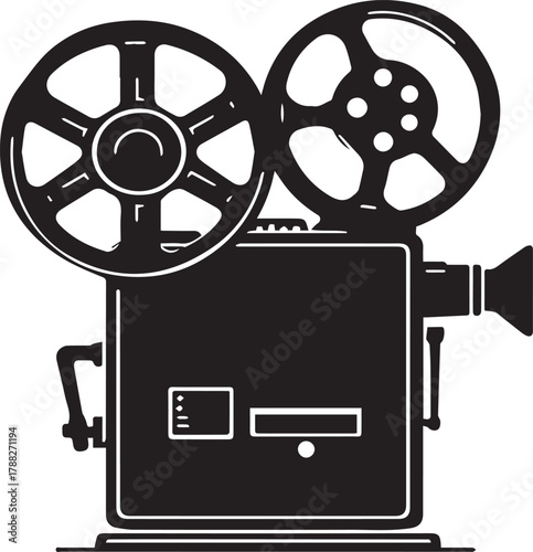 Vintage film projector silhouette — black and white illustration of analog movie device with dual reels and lens detail