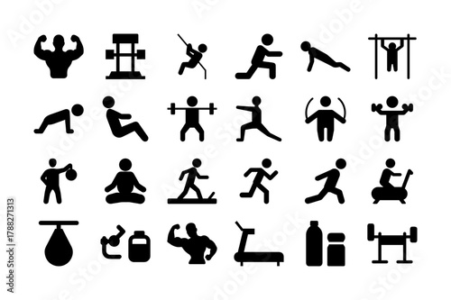 Silhouette Gym and Fitness Icon Set. Strength Training, Exercise, Workout, Sports, and More. Vector Illustration. Editable Stroke.