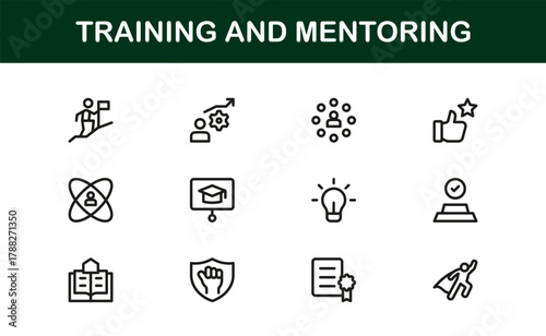 Mentoring and Training Stroke Icon Set. Detailed, professional icons for coaching dashboards, educational programs, and skill tracking sessions.
