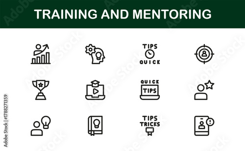 Mentoring and Training Modern Icon Set. Sleek, innovative icons for online courses, coaching sessions, and professional development tracking.
