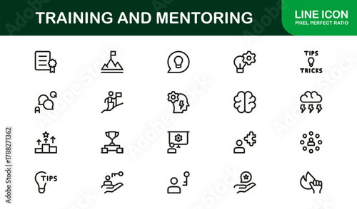 Mentoring and Training Bold Icon Set. Strong, prominent icons for coaching programs, skill development workshops, and mentoring dashboards.
