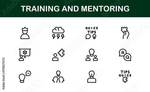 Mentoring and Training Simple Icon Set. Crisp, clear icons for workshops, skill-building sessions, and educational program management.
