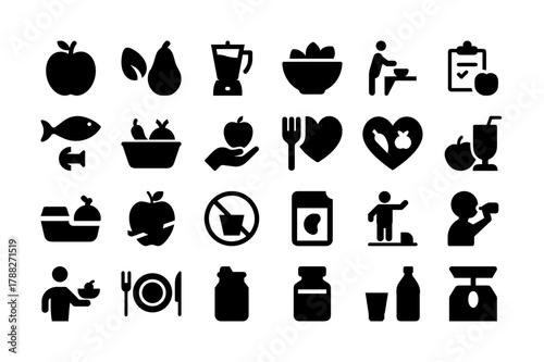 Silhouette Nutrition and Diet Icon Set. Healthy Food, Fruits, Vegetables, Juices, and More. Vector Illustration. Editable Stroke.