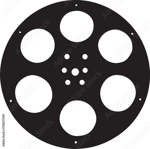 Film reel or gear plate silhouette — black and white illustration of circular object with symmetrical holes and mechanical design