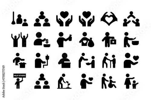 Silhouette Volunteer Icon Set. Charity, Health, Healthcare, Donation, Helping Hands, Help, and More. Vector Illustration. Editable Stroke.