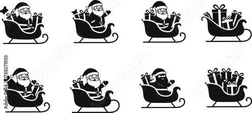 Santa sleigh icons, festive silhouette, Christmas vector, holiday clipart, gift delivery, black illustration, seasonal art, winter graphic, cozy design, celebration symbol