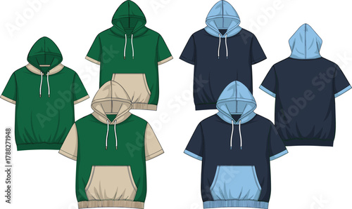 Cartoon hoodies illustration, short and long sleeves, green, beige, navy blue, front pocket, drawstring hood, vector fashion, casual clothing, flat lay, apparel set