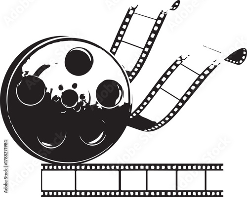 Film reel with curling strips — black and white illustration of cinematic reel and horizontal film strip symbolizing motion and media