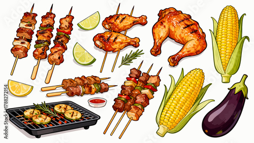 UntitledBarbecue food collection, cartoon hand-drawn vector illustrations, grilled meat, grilled corn, grilled eggplant, grilled chicken wings, grilled skewers