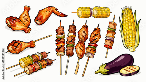 UntitledBarbecue food collection, cartoon hand-drawn vector illustrations, grilled meat, grilled corn, grilled eggplant, grilled chicken wings, grilled skewers