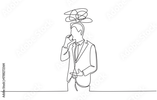 Continuous one line drawing of businessman talking on phone angrily, symbolizing stress, overthinking, or confusion in professional environment, single line art.