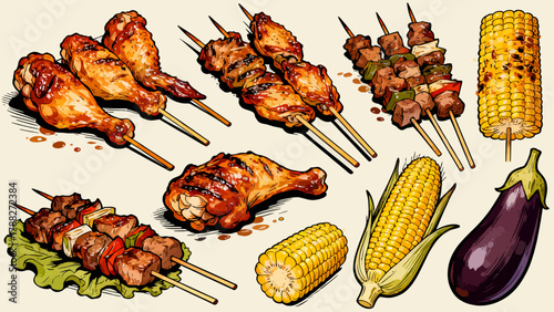 UntitledBarbecue food collection, cartoon hand-drawn vector illustrations, grilled meat, grilled corn, grilled eggplant, grilled chicken wings, grilled skewers