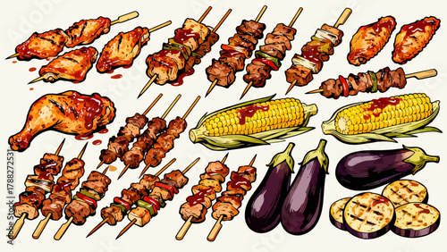 UntitledBarbecue food collection, cartoon hand-drawn vector illustrations, grilled meat, grilled corn, grilled eggplant, grilled chicken wings, grilled skewers