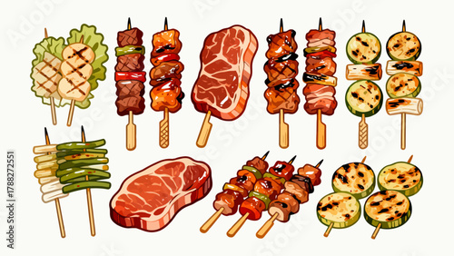 UntitledBarbecue food collection, cartoon hand-drawn vector illustrations, grilled meat, grilled corn, grilled eggplant, grilled chicken wings, grilled skewers