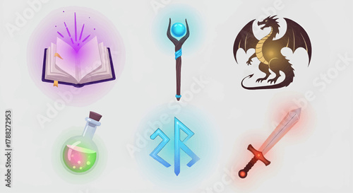 Collection of fantasy magic weapons including glowing staffs, swords, and crystal wands in bright ethereal tones.