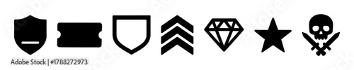 Set of black icons: shield, ticket, badge, arrows, diamond, star, skull