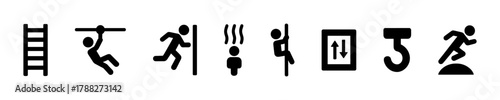 Unique symbols and icons in black and white featuring exercise, people, and arrows