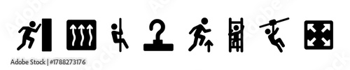 Parkour and climbing icons: jumping, crawling, sliding, scaling, balancing, climbing, swinging actions