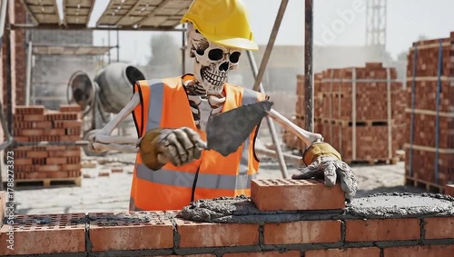 A skeletal construction worker laying a brick wall on the construction site. He is wearing safety gear.